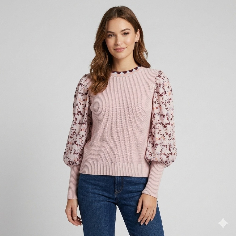 Fate Floral‎ Puff Sleeve Knit Sweater Womens Small Pink Mixed Media Boho FW14071